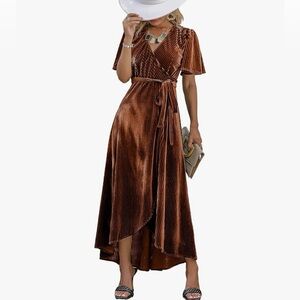 Rust Copper Velvet Semi-Formal Tulip Hem Boho Wrap Dress Flutter Sleeve Size L